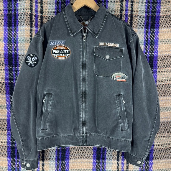 Harley Davidson Mens Small Denim Jacket Embroidered Patched Vintage Black
